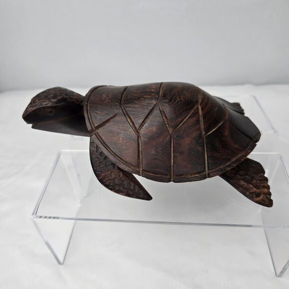 Turtle Figure Wood Hand Carved Beautiful Details Dark Brown Solid 8" x 5.75" - Picture 7 of 12